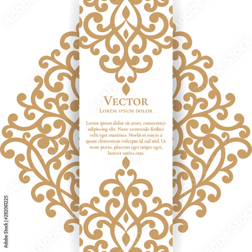 White vector greeting card with golden luxury ornament template. Great for invitation, flyer, menu, brochure, postcard, background, wallpaper, decoration, packaging or any desired idea.
