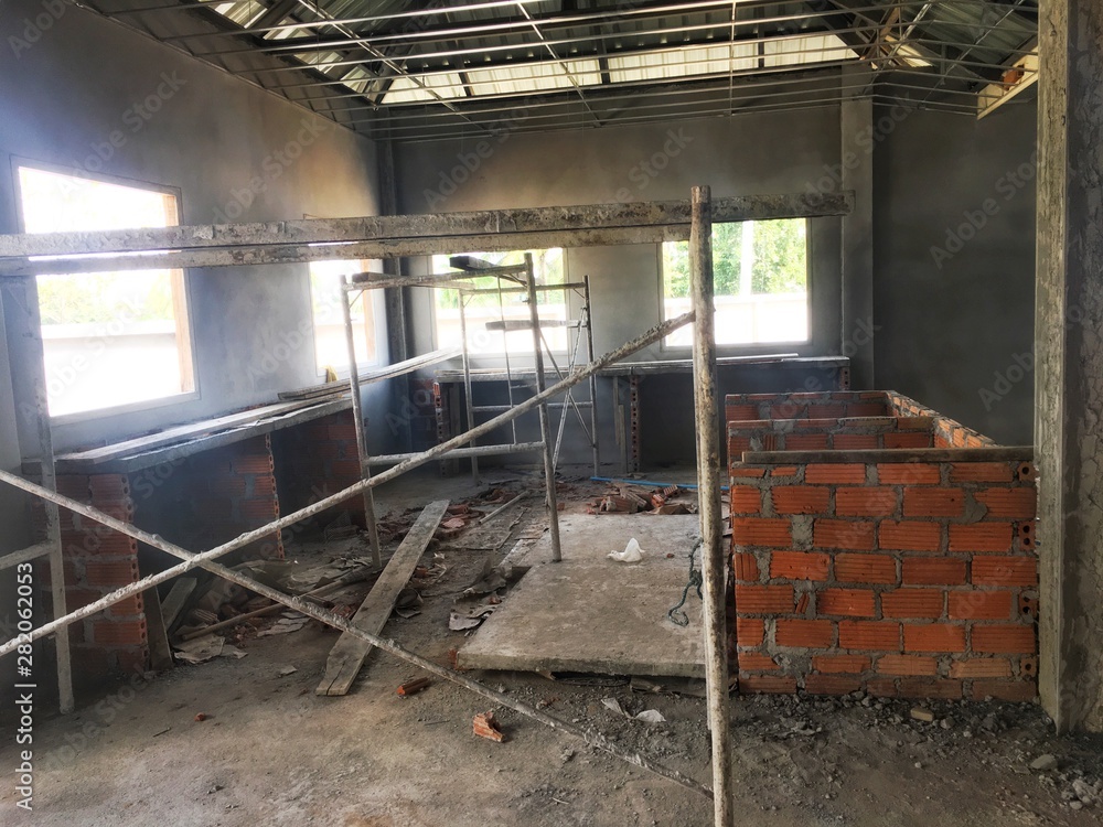 Interior kitchen room construction site. Interior kitchen room construction site.
