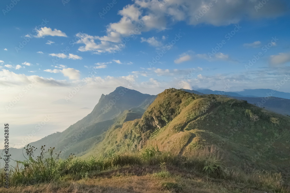 Naklejka premium Mountain view misty morning of peak mountain around with soft fog with cloudy sky background, sunrise at Pha Tang, Chiang Rai, northern of Thailand.