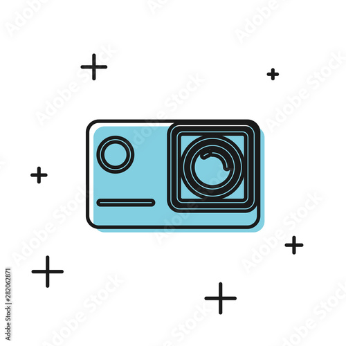 Black Action extreme camera icon isolated on white background. Video camera equipment for filming extreme sports. Vector Illustration