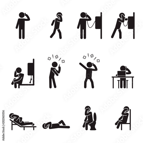 People talking on phones icon set, male version. Vector. 