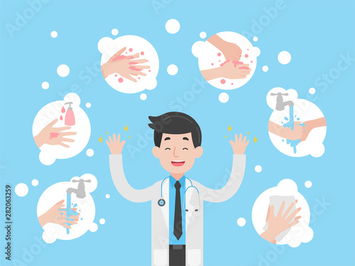 Hand washing step by step info graphic Doctor Character Medical Health care concept wash, rinse dry hands icons on light blue background