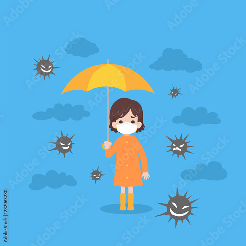 Cute girl wearing orange raincoat holding yellow umbrella run standing in the rain, Rain sick, Foots bite Medical Health care concept, virus, cloud dark blue background, Cartoon Flat vector