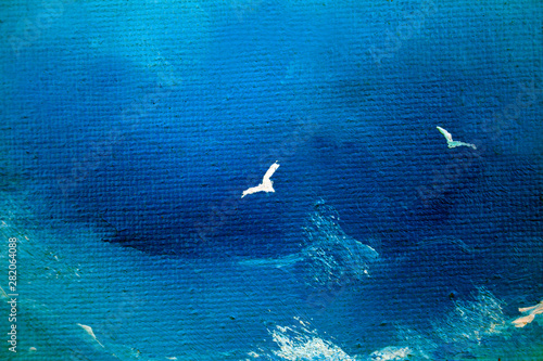 White gulls circling over huge waves in a sea storm. Painting on canvas © VIKTOR