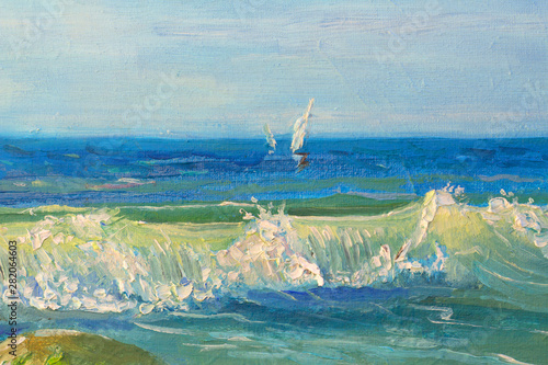 2 yachts in the picturesque sea are painted with a large stroke. Painting on canvas.