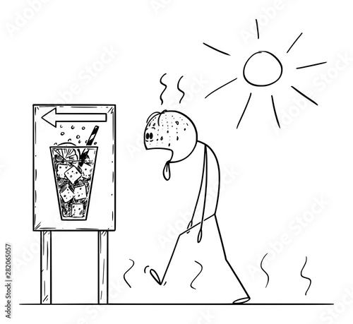 Vector cartoon stick figure drawing conceptual illustration of exhausted man walking in sunny day in summer to buy cold drink or soda with tongue lolling out.