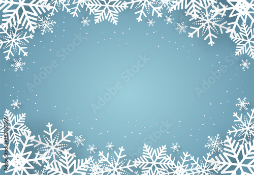 Christmas and happy new year blue vector background with snowflake, celebration concept, paper art design