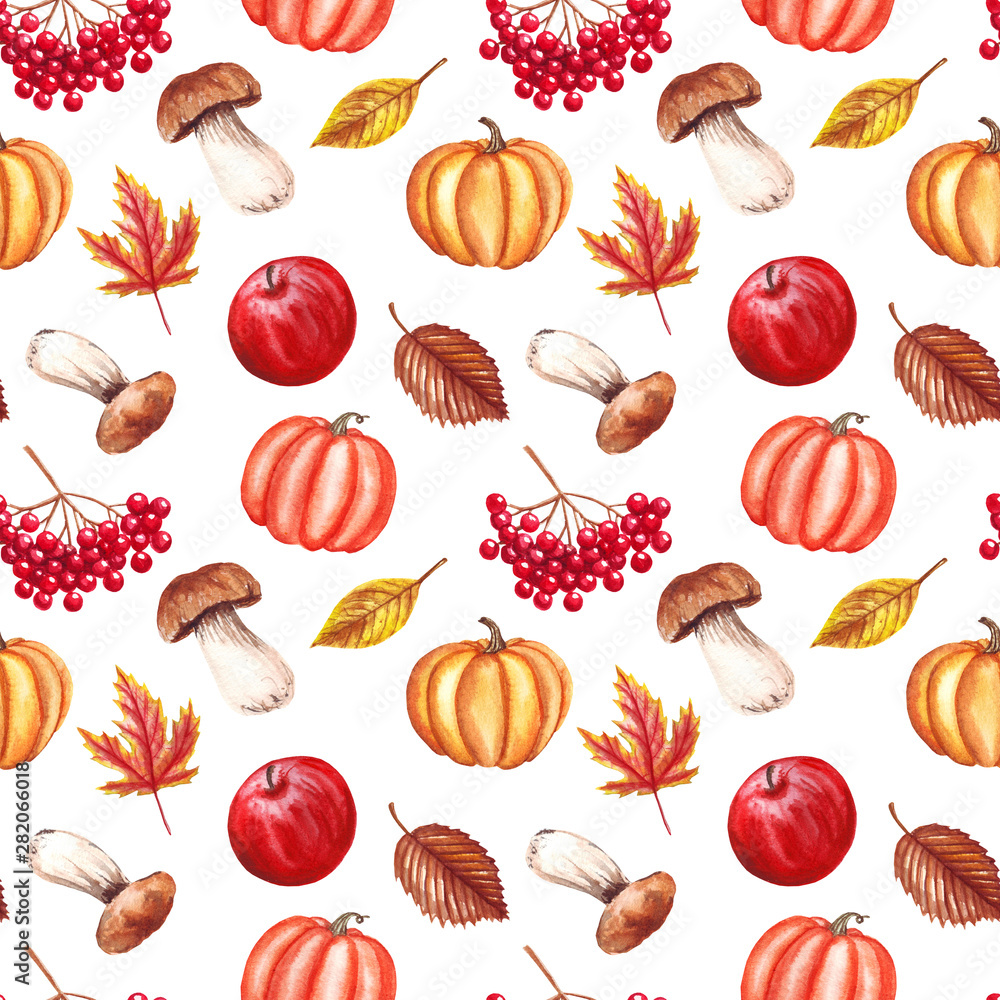 Watercolor autumn seamless pattern with fallen leaves, pumpkins, mushrooms, apple, viburnum isolated on white background. Watercolor autumn seamless pattern with fallen leaves, pumpkins, mushrooms, apple, viburnum isolated on white background.