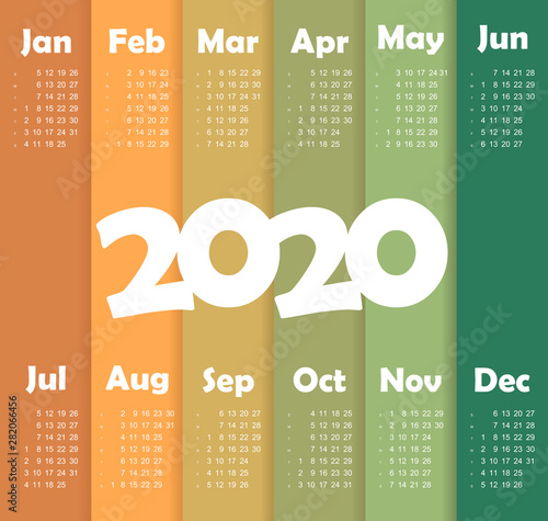 Vector calendar 2020 year. Week starts from Sunday
