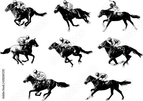 Fototapet racing horses and jockeys sketch - vector