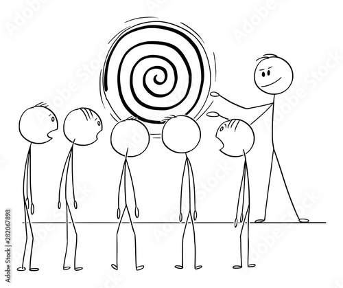 Vector cartoon stick figure drawing conceptual illustration of man, manager or business leader hypnotize team or group of workers with hypnosis spiral.