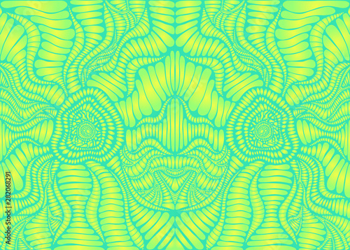 Psychedelic bright trippy colorful pattern, lime yellow gradient, and green color outline. Decorative element original background. Vector alien fantasy texture.