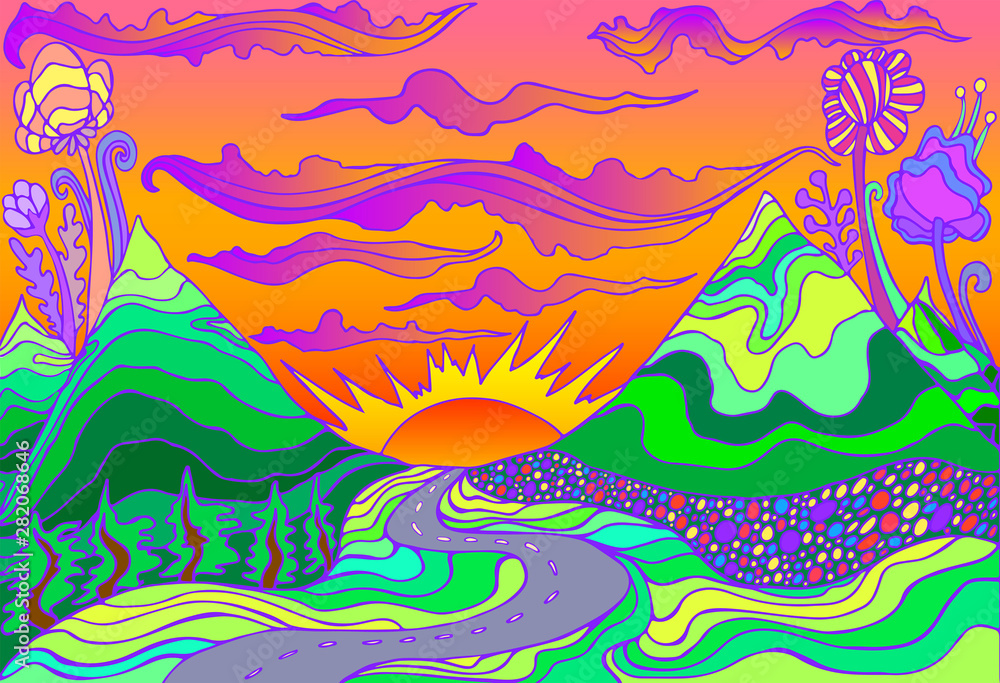 Fototapeta Psychodeliczny krajobraz w stylu retro hippie z górami, słońcem i drogą w kierunku zachodu słońca.
