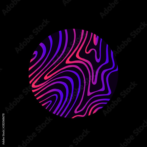 Psychedelic circle with bright neon color graient lines on it, isolated on black background.