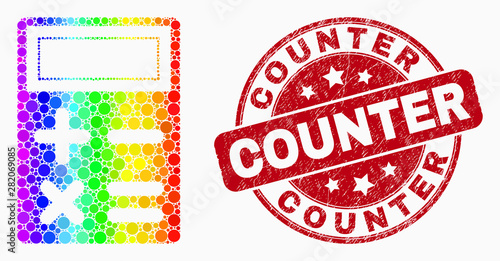 Dot bright spectral calculator mosaic icon and Counter stamp. Red vector round textured stamp with Counter phrase. Vector composition in flat style.