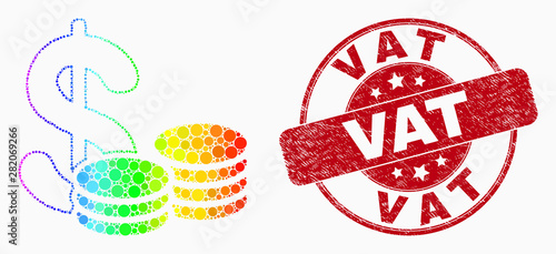 Dot spectral cash mosaic pictogram and Vat seal stamp. Red vector round scratched stamp with Vat caption. Vector combination in flat style. Colored gradient cash mosaic of randomized dots,