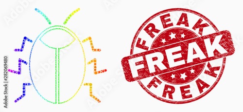 Pixelated bright spectral bug mosaic pictogram and Freak stamp. Red vector round distress watermark with Freak phrase. Vector composition in flat style.
