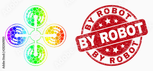 Dot spectrum air copter mosaic pictogram and By Robot stamp. Red vector round textured seal stamp with By Robot phrase. Vector combination in flat style.