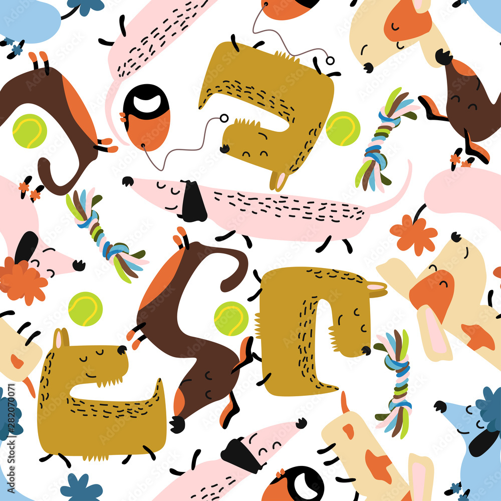 Naklejka premium seamless pattern with colorful dogs balls ropes - vector illustration, eps