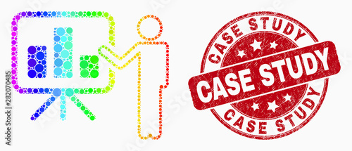 Dotted rainbow gradiented bar chart public report mosaic pictogram and Case Study seal. Red vector round textured seal stamp with Case Study phrase. Vector composition in flat style.