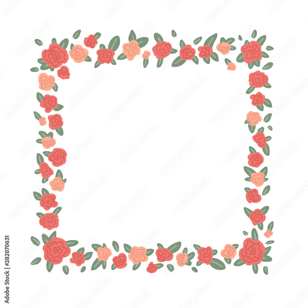 Square frame of rose flowers isolated on white background. Vector illustration of cartoon style Square frame of rose flowers isolated on white background. Vector illustration of cartoon style