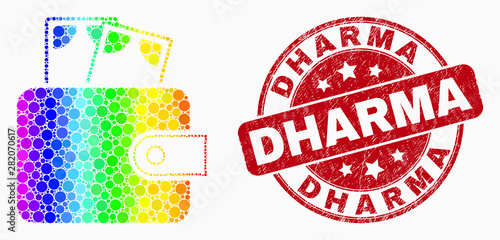 Pixelated bright spectral cash purse mosaic pictogram and Dharma stamp. Red vector rounded grunge stamp with Dharma text. Vector combination in flat style.