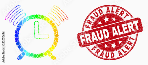 Dotted bright spectral alarm clock mosaic pictogram and Fraud Alert seal stamp. Red vector round grunge seal with Fraud Alert title. Vector collage in flat style.