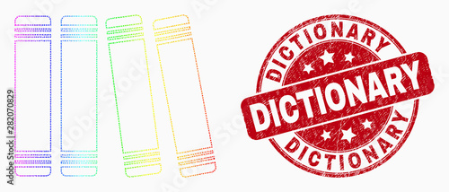 Pixel spectral books mosaic icon and Dictionary seal. Red vector rounded scratched seal stamp with Dictionary title. Vector collage in flat style.