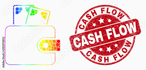 Dotted spectral cash purse mosaic icon and Cash Flow stamp. Red vector rounded distress stamp with Cash Flow title. Vector composition in flat style.