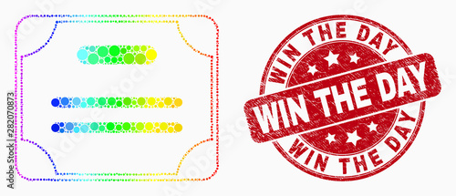 Dot bright spectral certificate diploma mosaic icon and Win the Day stamp. Red vector rounded grunge seal with Win the Day message. Vector collage in flat style.