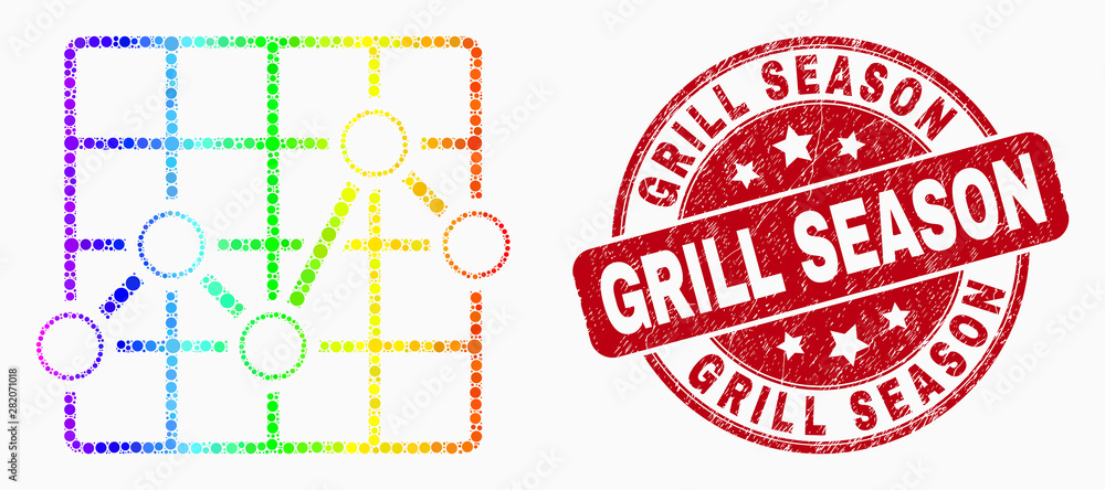 Dotted spectrum chart grid mosaic icon and Grill Season seal. Red vector rounded grunge watermark with Grill Season title. Vector composition in flat style. Dotted spectrum chart grid mosaic icon and Grill Season seal. Red vector rounded grunge watermark with Grill Season title. Vector composition in flat style.