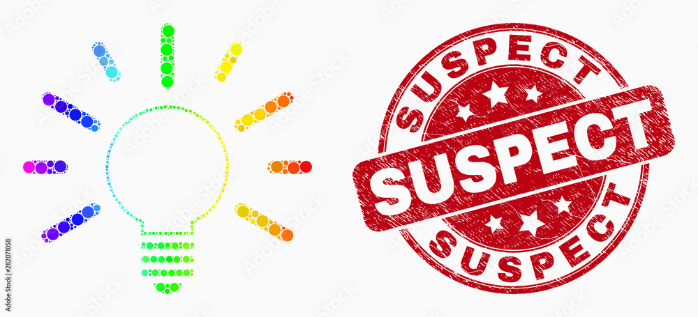 Obraz premium Pixelated bright spectral bulb light mosaic pictogram and Suspect seal stamp. Red vector round scratched seal with Suspect phrase. Vector combination in flat style.