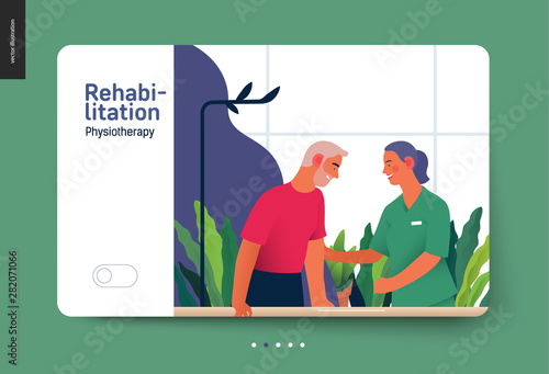 Medical insurance - rehabilitation and physiotherapy -modern flat vector concept digital illustration -physiotherapist helps patient walking using training parallel bars, medical office, laboratory