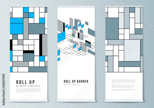 The vector layout of roll up banner stands, vertical flyers, flags design business templates. Abstract polygonal background, colorful mosaic pattern, retro bauhaus de stijl design.
