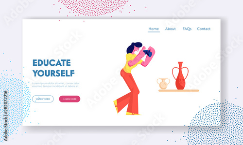 Hobby, Activity Website Landing Page, Tourist Girl Visiting Museum of Ancient History, Watching and Photographing Old Vase, Education, Tourism, Web Page. Cartoon Flat Vector Illustration, Banner