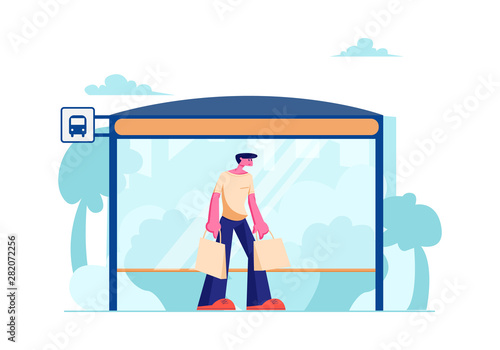 Young Man with Shopping Bags Stand on Bus Station with Bench Waiting Public City Transport. Transportation Service, Citizen on Bus Stop, Traffic, Dweller Lifestyle Cartoon Flat Vector Illustration