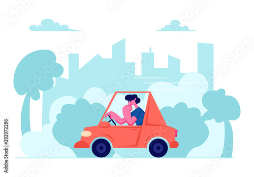 City Traffic, Man Driving Car on Urban Cityscape Background, Transport on Speedway, Character Dweller Riding Red Sedan Automobile, Citizen Life, Rout, Transportation Cartoon Flat Vector Illustration