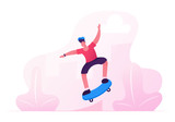 Young Boy in Modern Clothing and Cap Jumping on Skateboard. Skateboarder Male Character Outdoors Activity. Skateboarding People Making Stunts on Board in Skatepark. Cartoon Flat Vector Illustration
