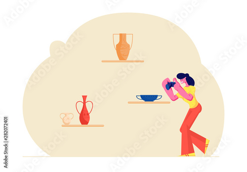 Tourist Girl Visiting Museum of Ancient History, Watching and Photographing Old Vases, on Photo Camera