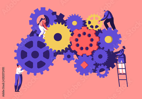 Time Management,Team Working Concept. Tiny Business People Men and Women Generating Ideas Holding Huge Gears and Cogwheels Standing on Ladders, Alternative Thinking, Cartoon Flat Vector Illustration