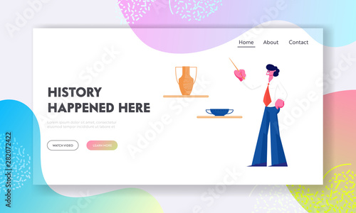 Museum of Ancient History Website Landing Page, Guide Man, Historian Teacher, Tell Lecture with Pointer about Old Vases. Education, Tourism, Activity Web Page. Cartoon Flat Vector Illustration, Banner