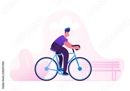 Man Cyclist Riding Bike Outdoors in Summer Day on City Park Background. Bicycle Active Sport Life and Healthy Lifestyle Activity, Ecology Transport in Town, Bike Rider Cartoon Flat Vector Illustration