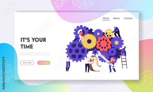 People Fixing Broken Clock and Watch Website Landing Page, Tiny Men and Women with Tools Repair Huge Gears and Cogwheels Mechanism, Time Concept Web Page. Cartoon Flat Vector Illustration, Banner