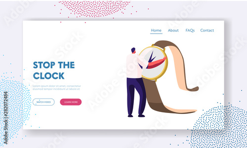 Time Management and Procrastination Website Landing Page, Tiny Man Holding Huge Watch in Hands. Planning and Strategy for Business Solution with Clock Web Page. Cartoon Flat Vector Illustration Banner
