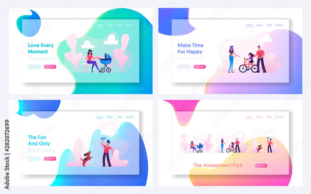 Summer Time Outdoors Activity Website Landing Page Set. People Walk in Park, Woman with Baby Stroller, Parents Teach Child Riding Bicycle, Boy with Dog Web Page Banner Cartoon Flat Vector Illustration Summer Time Outdoors Activity Website Landing Page Set. People Walk in Park, Woman with Baby Stroller, Parents Teach Child Riding Bicycle, Boy with Dog Web Page Banner Cartoon Flat Vector Illustration