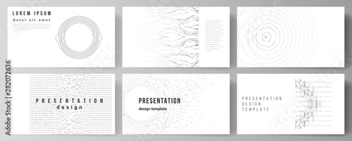 The minimalistic abstract vector illustration layout of the presentation slides design business templates. Trendy modern science or technology background with dynamic particles. Cyberspace grid.