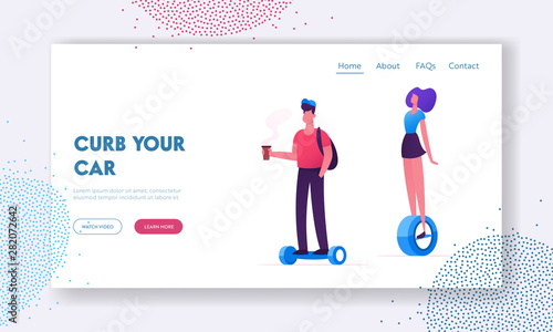 People Riding Modern Transporters Website Landing Page. Hoverboard or Self-balancing Board, Electric Unicycle, Motorized Kick Scooter Eco Transport Web Page Banner. Cartoon Flat Vector Illustration