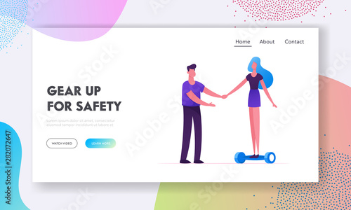 Eco Transport Website Landing Page. Woman Trying to Ride Modern Electric Hoverboard or Self-balancing Board. Girl Learn to Drive Motorized Scooter Web Page Banner. Cartoon Flat Vector Illustration