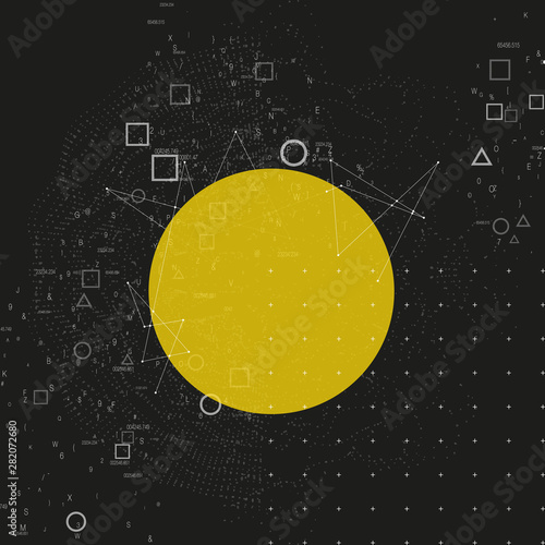 Trendy modern science or technology 3d background with dynamic particles. Cyberspace grid. Futuristic connection structure with yellow banner for chemistry and science concepts. Vector illustration