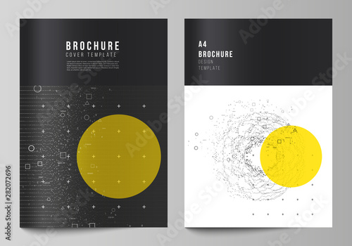 Vector layout of A4 format modern cover mockups design templates for brochure, magazine, flyer, report. Science or technology 3d background with dynamic particles. Chemistry and science concept.